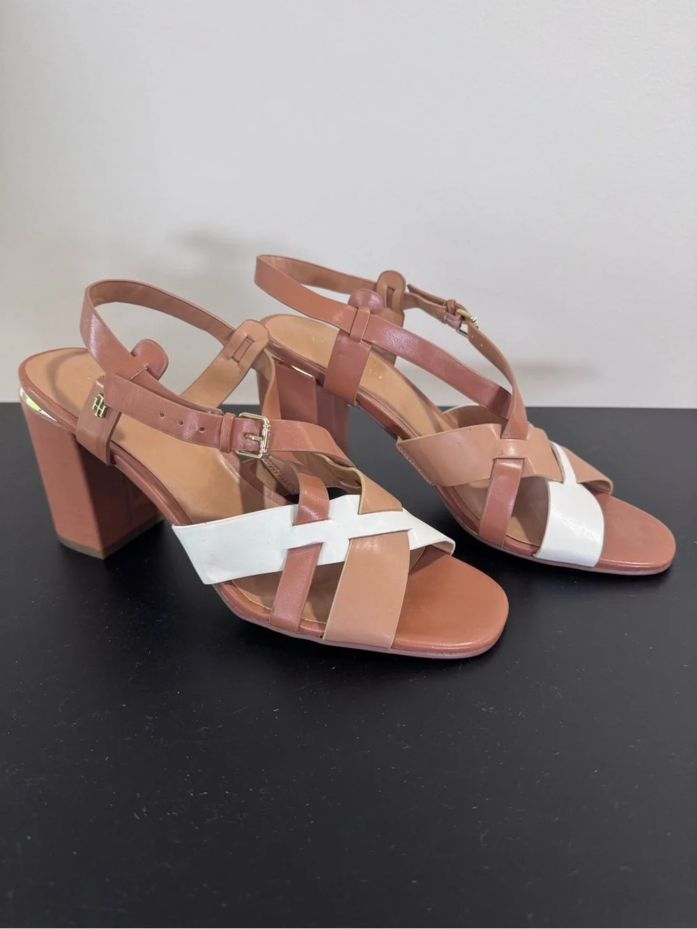 Tommy Hilfiger Graysi Tan and White Strappy Block Heel Sandals